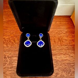 ✨ Sapphire-Blue Crystal Drop Earrings | Gold Tone | Evening Statement